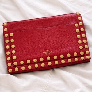 Authentic Valentino Garavani Red Leather Rockstud Envelope Clutch Bag